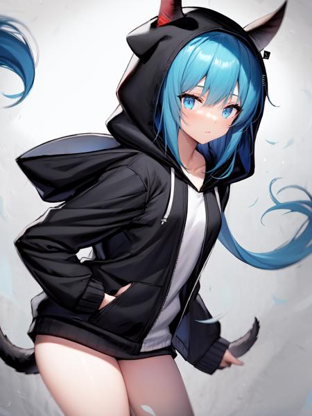 <lora:xia-000001:1>, 1girl, blue_hair, hood, hoodie, horns, jacket, looking_at_viewer, multicolored_hair, simple_background, solo, tail, white_background, fake animal ears,