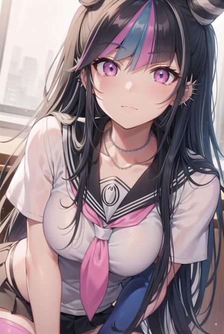 ibukimioda, <lyco:ibukimioda-lyco-nochekaiser:1>,
ibuki mioda, black hair, blue hair, hair horns, ear piercing, lip piercing, long hair, multicolored hair, (pink eyes:1.5), pink hair, white hair,
BREAK asymmetrical legwear, black skirt, blue thighhighs, jewelry, mismatched legwear, neckerchief, necklace, piercing, pleated skirt, ring, school uniform, serafuku, shirt, skirt, thighhighs, torn clothes, torn thighhighs, zettai ryouiki,
BREAK looking at viewer,
BREAK indoors, classroom,
BREAK <lyco:GoodHands-beta2:1>, (masterpiece:1.2), best quality, high resolution, unity 8k wallpaper, (illustration:0.8), (beautiful detailed eyes:1.6), extremely detailed face, perfect lighting, extremely detailed CG, (perfect hands, perfect anatomy),