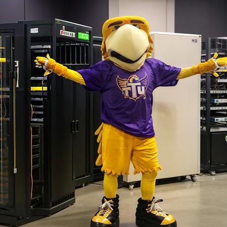 Awesome Eagle, an eagle mascot with yellow feathers, standing in a data center