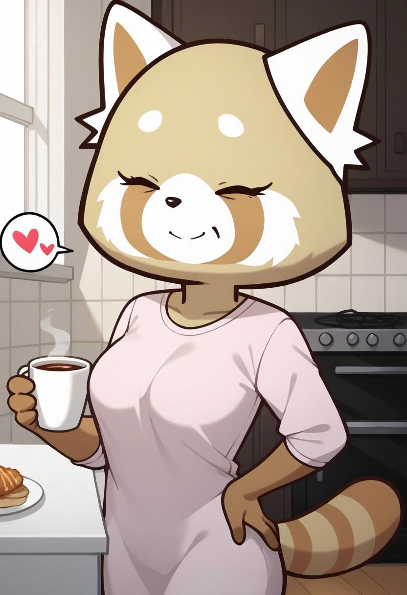 score_9, score_8_up, score_7_up, score_6_up, 1girl, solo,
(source_cartoon),
<lora:Retsuko's Mom Katie:1.0> Retsukos_Mom, furry female, body fur, beige fur, red panda, white fur ears, white ears, solo, smile, animal ears, striped tail, animal fluff ears, black nose, eyes closed, bespoken heart,
earrings, bangs, blunt bangs, eyes half closed, sleepy eyes, bags under eyes, seductive smile,
dynamic pose, seductive pose, 
medium breast, facing viewer, hand on own hip, 
semi-transparent nightgown, loose clothes, closed mouth, clothes, holding a cup of coffee, 
indoors, kitchen,
<lora:Expressive_H:0.7> Expressiveh,
<lora:add-detail-xl:0.9>