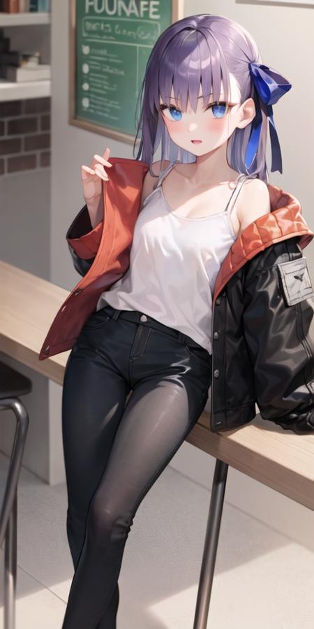 <lora:meltlilith_lora_v1a:1>, 1girl, bangs, blue eyes, blue ribbon, breasts, coffeekite, hair ribbon, jacket, long hair, long sleeves, looking at viewer, purple hair, ribbon, small breasts, striped jacket, very long hair, white jacket, masterpiece, best quality,