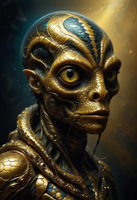 Rembrandt realistic oil painting, retro artstyle, score_9, score_8_up, score_9_up, very detailed, ultra realistic, (best quality) very detailed masterpiece, portrait of an futuristic squid-like snake-like alien creature, iridescent skin with golden tattoos all over the face, big fangs, baroque style, gold, marble, very dramatic lighting, much shadow, rembrandt style, vermeer style, low saturation, realistic realistic, realism, photo realistic oil painting, photo realistic painting