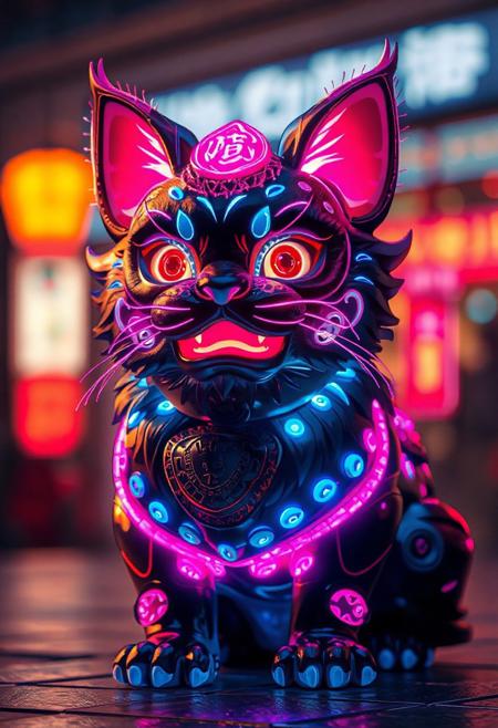 masterpiece, best quality, amazing quality, very aesthetic, high resolution, ultra-detailed, absurdres, newest,  photorealistic details, volumetric lighting, foo dog that's a cat, glowing details, black, blue, and pink coloration
