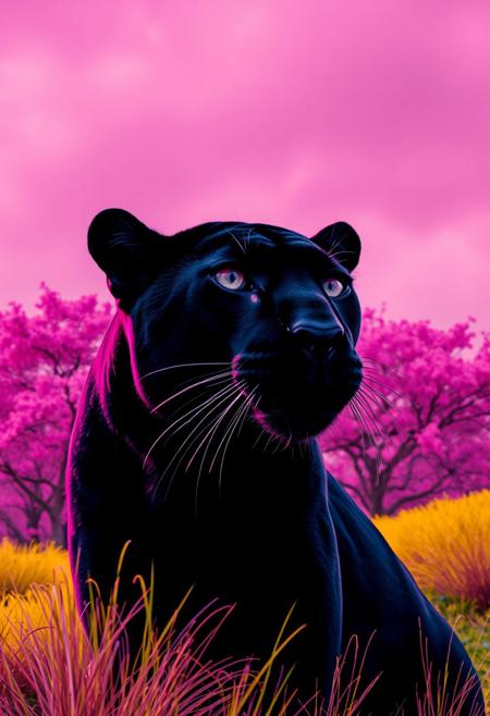 score_9, score_8_up, score_7_up, cinematic photo, dramatic lighting, a black panther staring at you from far away, pink sky, lush pink trees, yellow grass patch, asain style, David Hockney, Ascii art, gongbi, traditional chinese painting style, neon colors, <lora:Neon_Splash_Art_for_Pony:1>