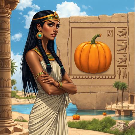 Image is a highly detailed illustration, in the style of Louis Royo featuring an ancient Egyptian woman in a historical setting. The foreground features the woman with medium skin tone, wearing a traditional Egyptian dress with pleated fabric and adorned with gold and turquoise jewellery, including a headdress and large earrings. Her long black hair is styled straight, and she stands with her arms crossed. In the background carved into a stone wall the image of a large pumpkin, surrounded by hieroglyphics. The pumpkin and hieroglyphics are detailed, with symbols of birds and other traditional motifs. The setting includes a stone column with intricate carvings of pumpkins and a serene landscape with palm trees and a river under a clear blue sky, suggesting a scene by the Nile River.