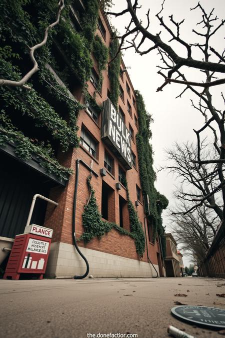 Viewed from an upward looking low angle to increase its sense of height. A large abandoned brick multistory building extends high up. The building is overgrown and infested with gigantic oversized vines with thorns. A faded and aged sign on the building reads: "Bulk News", the surrounding environment is an arid desert like environment. The scene is depicted in a photo-realistic style<lora:abandoned_fluxd:0.3>, There is an extreme amount of vines and plant growth overtaking the building.