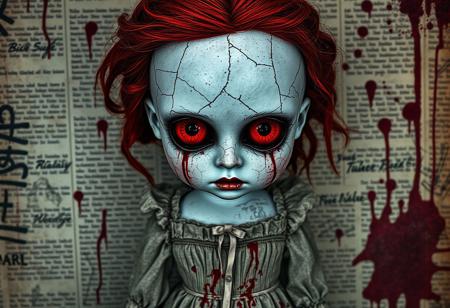 Depict a creepy, eerie doll with large red eyes dripping with blood, standing against a background covered in faded, chaotic text and blood splatters. Her face is cracked and pale, with spiderweb scars and occult markings carved into her skin. Her red hair contrasts starkly with her delicate, haunted expression, while her Victorian-style dress is stained with blood. The background should feel gritty and unsettling, filled with scribbled text, faded drawings, and splashes of red, creating a horror doll aesthetic.