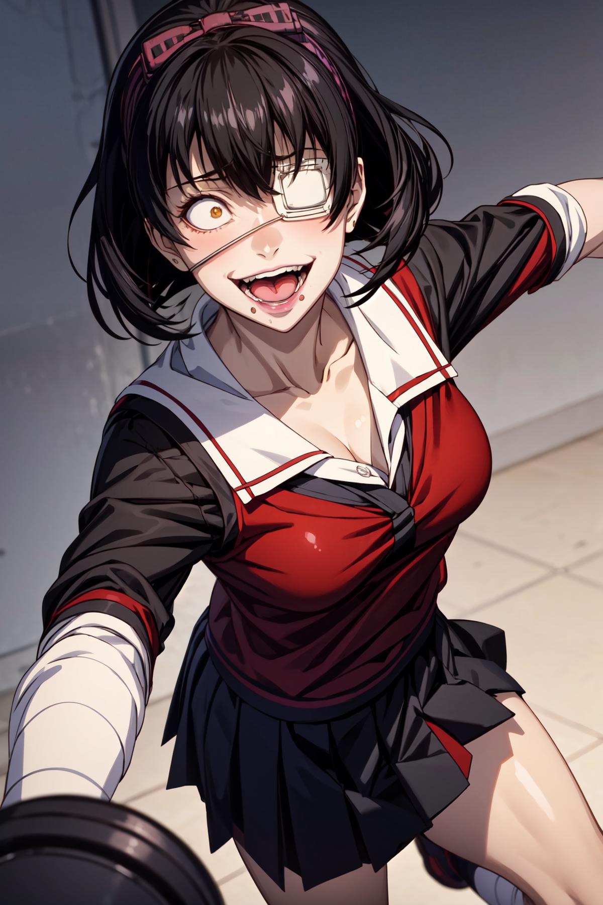 A cartoon drawing of a young girl wearing a red and white uniform, glasses, and possibly a tie. She is smiling with her mouth open and appears to be posing for a picture.