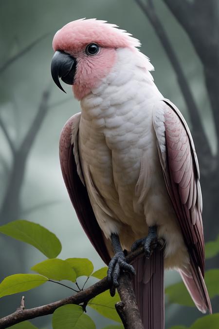 macro shot, A pink cockatoo sitting on a budding branch of an Australian ghost gum tree with leaves bird soft color palette, magical realism, whimsical, dreamy fullcolor, HDR, highly detailed, freedom, soul, digital illustration, approaching perfection, dynamic, highly detailed, watercolor painting, artstation, concept art, smooth, sharp focus, illustration in the style of artists like Russ Mills, Sakimichan, Wlop, Loish, Artgerm, Darek Zabrocki, and Jean-Baptiste Monge, Hyperrealistic, splash art, concept art, mid shot, intricately detailed, color depth, dramatic, 2/3 face angle, side light, colorful background, film grain, extremely detailed,  <lora:epi_noiseoffset2:0.8>