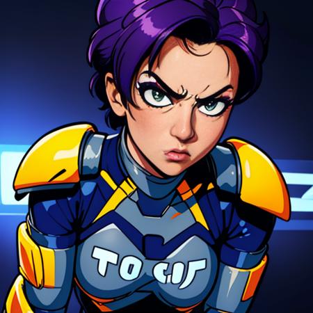 Kanoko, spiky hair,  (short hair),  purple hair,dark-skinned female,green eyes,makeup,(solo1:2) , serious expression,  
KanArmor, navy blue tight bodysuit ,grey shoulder pads, grey knee pads,grey breastplate,fingerless gloves,cybercop,
(insanely detailed, beautiful detailed face, masterpiece, best quality)    <lora:Kanoko-10:0.8>