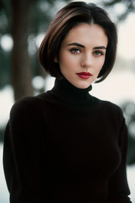 photo of a woman, ehurley, ((dark brown hair)), ((turtleneck sweater, scarf, short hair):1.1), ((closeup, portrait)),((outdoors, snow)), ((red lipstick, makeup)), (serious), ((best quality, masterpiece, extreme details, high resolution):1.2),((detailed eyes, beautiful eyes, detailed face, beautiful face):1.2)