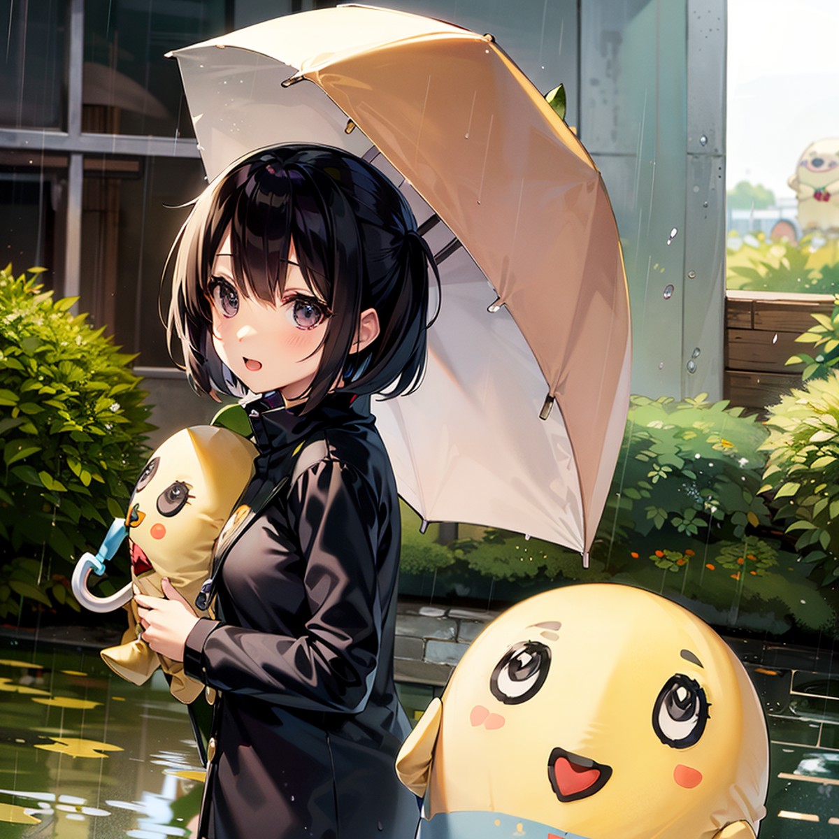 (funassyi:1.2), fnassyi and girl, rain, umbrella,  <lora:funassyi-I:0.8>