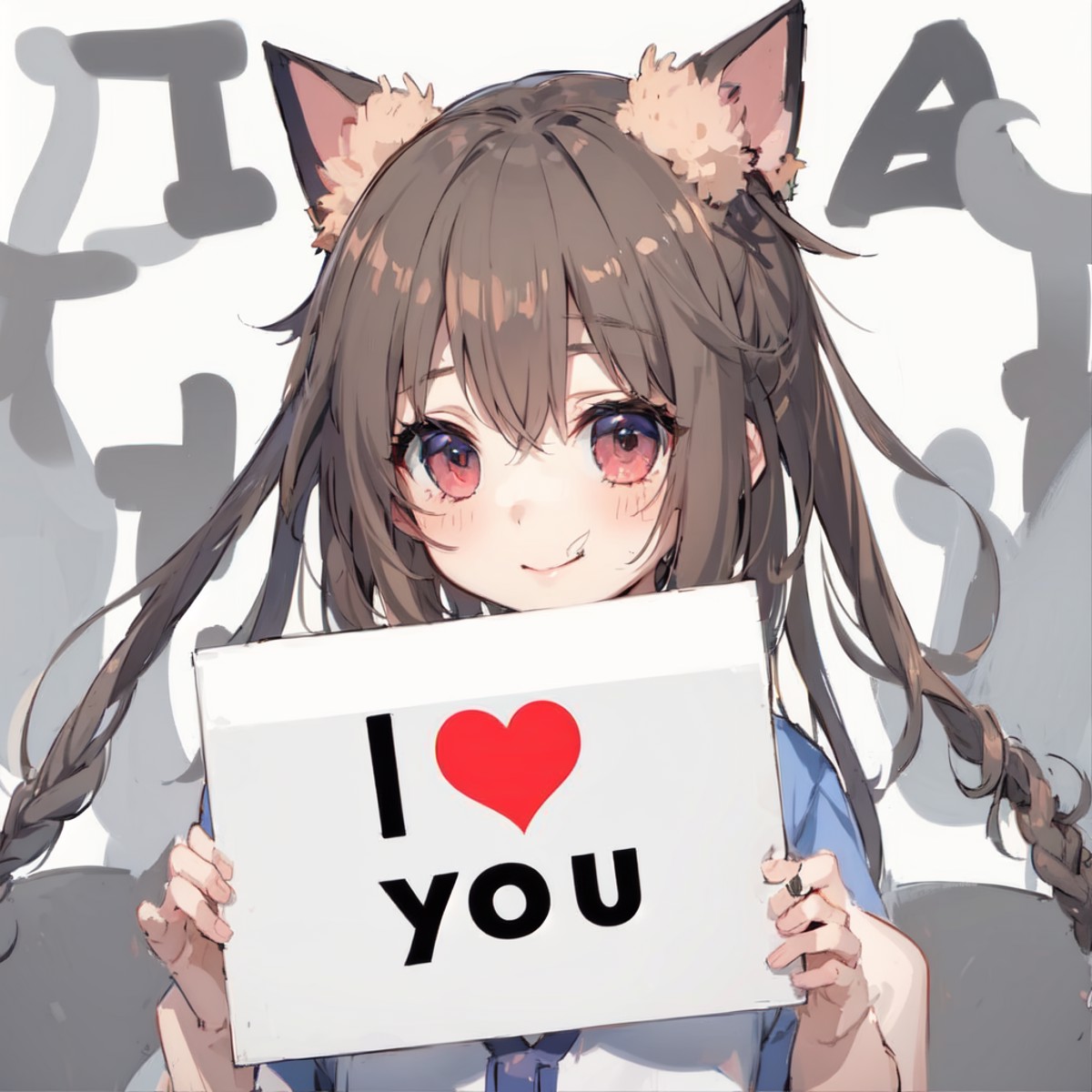 anime, a cute girl holding a sign that says "I love you", animal ears, cat tail, closed mouth, fake animal ears, hair betw...
