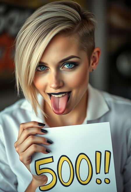 4K, best quality, masterpiece, extremely detailed, an extremely delicate and beautiful, dynamic, realistic anatomy, great lighting, perfect shading, professional shading, depth of field,  blonde woman, 25 years old, smokey eyes makeup with black lipstick, blue eyes, pale skin, she is holding a sign which says "500 !!!", sticking out the tip of her tongue, wearing a white shirt, short hair shaved on one side with dark roots,  full shot photo, uncropped,  perfect face, perfect anatomy,cute, beautiful, perfect beauty,amazing beauty, pure genious, absolutely perfect, gentle, highly detailed, breathtaking, beautiful smile, Playboy style
