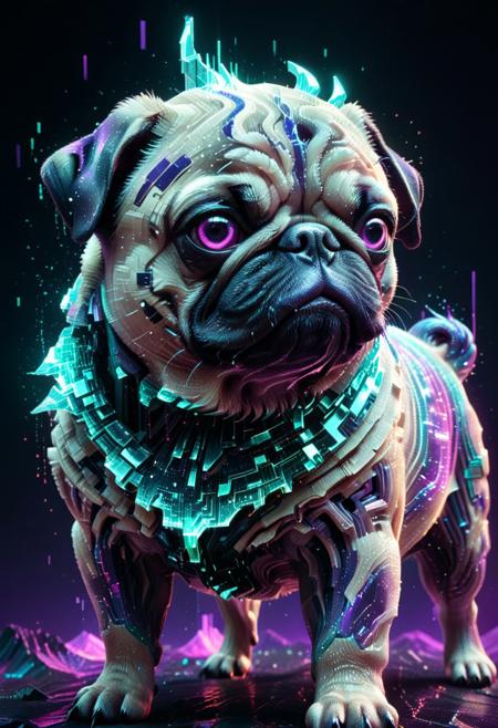 high quality,masterpiece,ultra-high resolution,incredible composition,extremely detailed, A majestic pug
in close-up, its wrinkled fur glitching with pixelated teal and violet artifacts, shimmering like a digital titan. Its curled tail pulses with digital static, radiating icy power. The background is black desert, with fragmented neon grids and cascading glitch particles in indigo and crimson. Hyper-detailed, 8K resolution, with dynamic glitching effects and a futuristic vibe. codeandigital,, c0dean0igital,, cyberw0rlds,