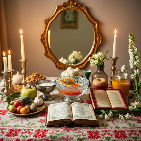 A beautifully arranged Haft-Seen table for Nowruz, decorated with traditional Persian elements. The table includes seven symbolic items: Sabzeh (sprouted wheat or lentils), Samanu (sweet pudding), Senjed (dried oleaster fruit), Seer (garlic), Seeb (apple), Somāq (sumac), and Serkeh (vinegar). The scene is enriched with a large mirror reflecting the beauty of the setup, candles casting a warm glow, colorful painted eggs, a goldfish in a crystal bowl, a Persian poetry book (Hafez), and delicate hyacinth flowers. The tablecloth is luxurious, embroidered with Persian patterns. The background is softly lit, creating a cozy and festive atmosphere. The composition is harmonious, rich in color and detail, evoking the spirit of Nowruz.