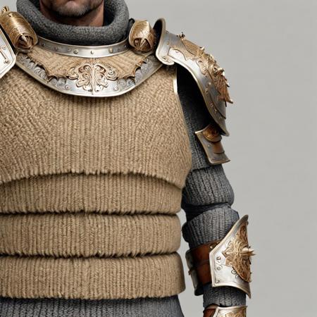 hyper-realistic, Realism, HDR, detailed, warior style armor covered in gray wool (beige cotton ), simple gray background
