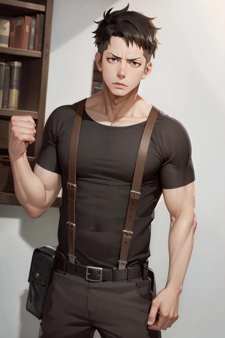 (masterpiece, best quality:1.2), <lora:fireforce_oubi-11:1>, cowboy shot, solo, male focus, 1boy, obi akitaru, expressionless, closed mouth, looking at viewer, black shirt, suspenders, pants