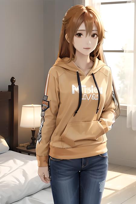 ((masterpiece)), ((best quality)), (slender_body:1.1), (wide_hips:1.2), (narrow_waist:1.2),
Asuna Yuuki, 1girl, long hair, orange hair, long hair, realistic, ultra realistic, hyper realistic, real life, highly detailed, focused,
Hoodie, Jacket, black hoodie, casual hoodiefull pants, Full dress, full sleeve, cute face, close up, focused on face, portraits, blurred background, detailed hair, indoor, window, bed, light, soft light, shadows, detailed shadows
<lora:Asuna Yuuki 2:0.5>   <lora:HoodiesLoRA:1>