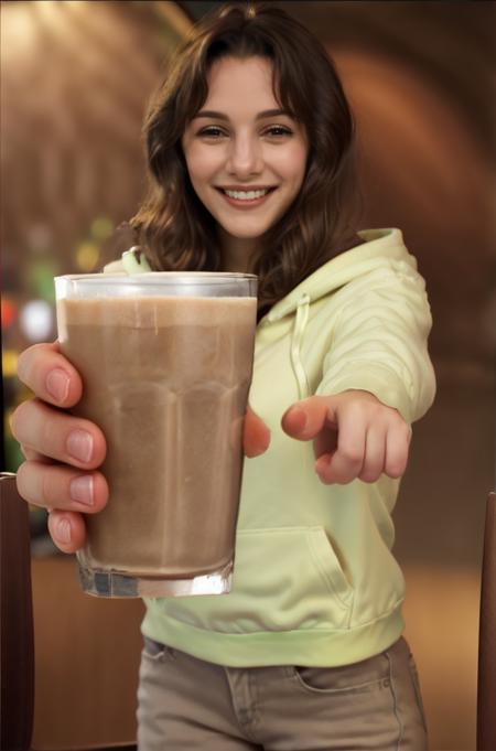 Professional photograph of <lora:thelma:0.9> thelma as a wearing a hoodie and jeans, she's holding chocolate milk in a glass and pointing at the viewer, smiling, offering the glass. The background is a normal restaurant. She's stunningly beautiful. Smiling. 4k, 8k, masterpiece, highest quality, bokeh  <lora:concept_choccymilk:1> choccymilk