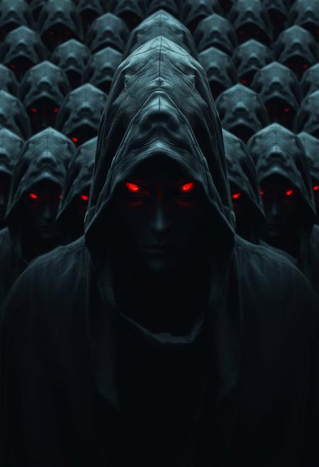 In a haunting, hyper-realistic image, a hooded shadow with piercing red eyes is enveloped by another identical shadow, which is in turn enveloped by another, and another, and another, creating an infinite regression of dark, mysterious figures. Each shadow is a precise, detailed replica of the one surrounding it, with subtle variations in texture and shading, creating a sense of depth and dimensionality. The red eyes glow with an otherworldly intensity, seeming to burn with an inner fire, as they stare out from the depths of each shadow. The hoods are rendered in intricate detail, with folds and creases that seem to ripple and flow like dark, liquid fabric. The infinite repetition creates a sense of eerie, unsettling infinity, drawing the viewer's eye into the center of the image, where the shadows seem to disappear into a tiny, infinitely receding point. Highest-Quality, 4k, intricate details, visually stunning, Masterpiece