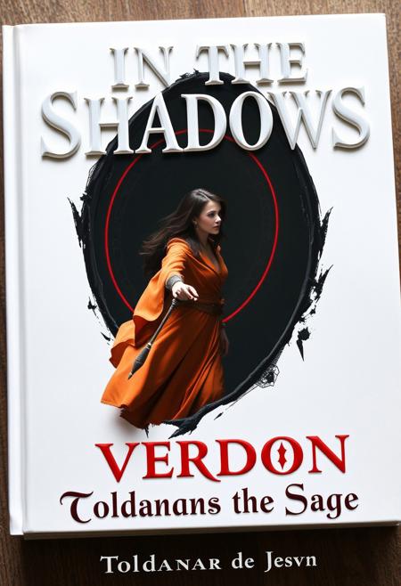 Create a book cover called ("In the Shadows of Verdon"), the letters of the title are 3D embossed white letters jutting out of the cover on a white background but you can read the dark shadow they cast on the page, the cover is white, in the middle of the book there is a beautiful Summoner brunette woman in fantasy wizard orange clothing being pulled into a black portal with a red edge, there is extreme foreshortening as she extends her arm towards the viewer while her body is pulled inside the black portal with the red outline.  The book cover has vivid colors with a color silver and white and red color pallette very well rendered and extremely detailed, at the bottom are the name of the author ("Toldanar the Sage") written in english with a fancy French font surrounded by magical runes