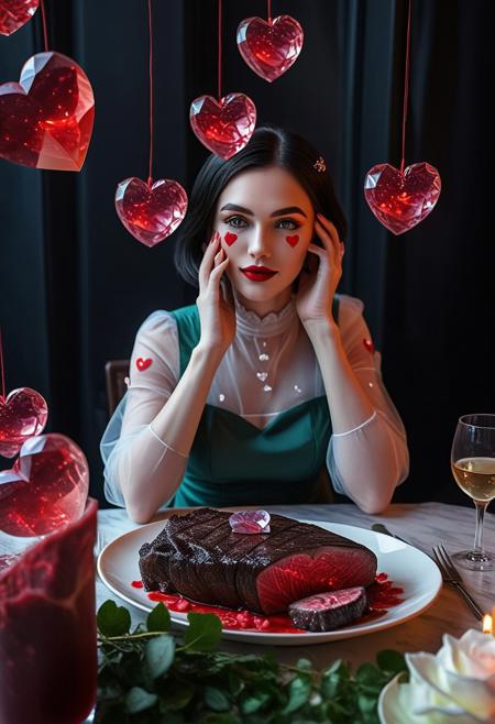 rp_slgd, crystal, crystalized, crystal world, translucent, gem, Realism_Quality_2xx_By_Stable_Yogi, 1girl, bob cut, platinum blonde hair, (green eyes:1.2), gentle smile, 28 years old, long eyelashes, eyeliner, red lips, makeup, (hearts:1.5), red hearts floating around, (many hearts:1.9), (made of wagyu:2.4), dress made of wagyu, date_pov, across table, sitting, valentine, roses, wine, diner, night, candles, (romantic:1.4), anatomically correct, (hands hidden:2), (hands behind the head:2), fully dressed, pg rating, Merger_dani_maiter.