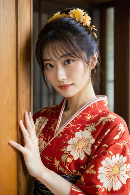 (HD, masterpiece, best quality, hyper detailed, ultra detailed, super realistic),A 24-year-old Japanese woman with fair skin and light brown hair loosely tied up with a small floral hair clip stands gracefully in front of a wooden door. She is dressed in a traditional red and gold kimono adorned with intricate chrysanthemum patterns set against a white background, accented by orange and light yellow floral designs. With a gentle smile directed at the camera, she exudes warmth and elegance. The dimly lit room behind her features wooden panels and softly glowing hanging lamps, creating an inviting atmosphere. Prominent Japanese characters printed in black ink on the door add a traditional touch, enriching the cultural context of the scene., green eyes, blue eyes, brown eyes, perfecteyes, jpn-girl, Movie Still, Film Still, Cinematic, Cinematic Shot, Cinematic Lighting, SDXL Hands XL + SD 1.5 + FLUX.1-dev<lora:SDXL PerfectEyesXL.safetensors:0.7000000000000001:0.7000000000000001> <lora:SDXL japanese_girl_v1.1.safetensors:0.7000000000000001:0.7000000000000001> <lora:SDXL Juggernaut Cinematic XL LoRA.safetensors:0.7000000000000001:0.7000000000000001> <lora:SDXL Hands XL + SD 1.5 + FLUX.1-dev.safetensors:0.7000000000000001:0.7000000000000001>