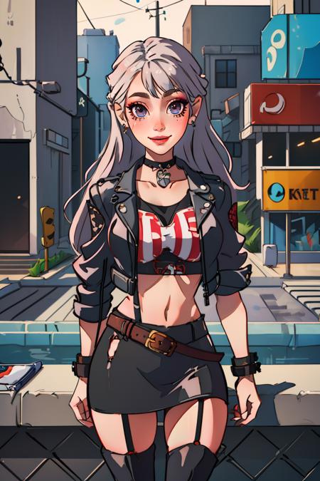 (best quality, masterpiece1.2), (detailed eye:1.2), intricate detail, depth of field, 20 years old girl, long hair, crop top, pencil skirt, standing, (makeup), smile, (muscular:0.4), (piercing), kneehighs, thigh boots, leather jacket, looking at viewer, choker, head tilt, garter straps, upper body, city