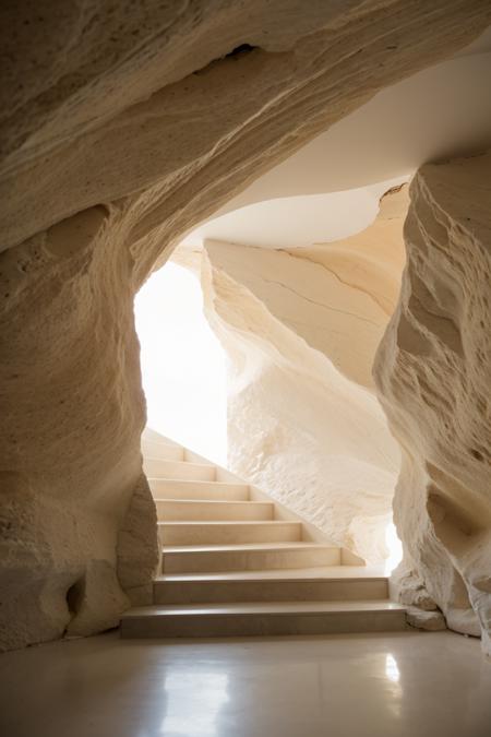 award winning interior photo, photograph, ultra photorealistic, photorealism, film still of inside a modern white spacious design (stairway inside a smooth stone cave:1.25), smooth shading, desert, daylight, bright colors, hyper realistic, modern, surreal, lights, minimalistic studio architecture, behance, halation, bloom, dramatic atmosphere,  rule of thirds, 8k uhd, dslr, high quality, film grain, kodak, panavision, cinestill,