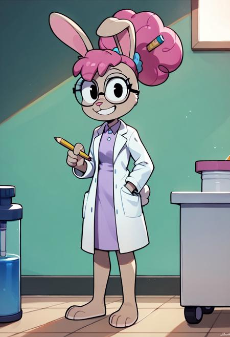 DrAnnabelle, 1girl, anthro bunny, light brown fur, pink nose, pink curly hair, ponytail, pencil stuck in hair, light purple scrunchie, black eyes, round glasses white lab coat, light purple undershirt <lora:DrAnnabelle:1>