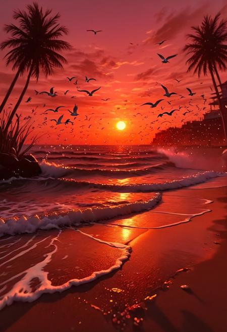 An absolutely mesmerizing sunset on the beach with a mix of orange, red, pink and yellow in the sky. The water is crystal clear, gently kissing the shore, and the sandy beach is endless. The scene is dynamic and breathtaking, with seagulls soaring high in the air and palm trees gently swaying. Immerse yourself in the calm atmosphere and let the tranquil surroundings surround you.wtrcolor style, 
, fluxenh4nce, otclillsn, ral-ertmsphr, carcosa city style