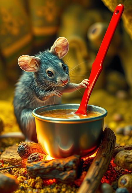 surreal VFX, nano-rat stirring broth on a campfire with a red spoon seen under an electron scanning microscope, with details, vivid colors