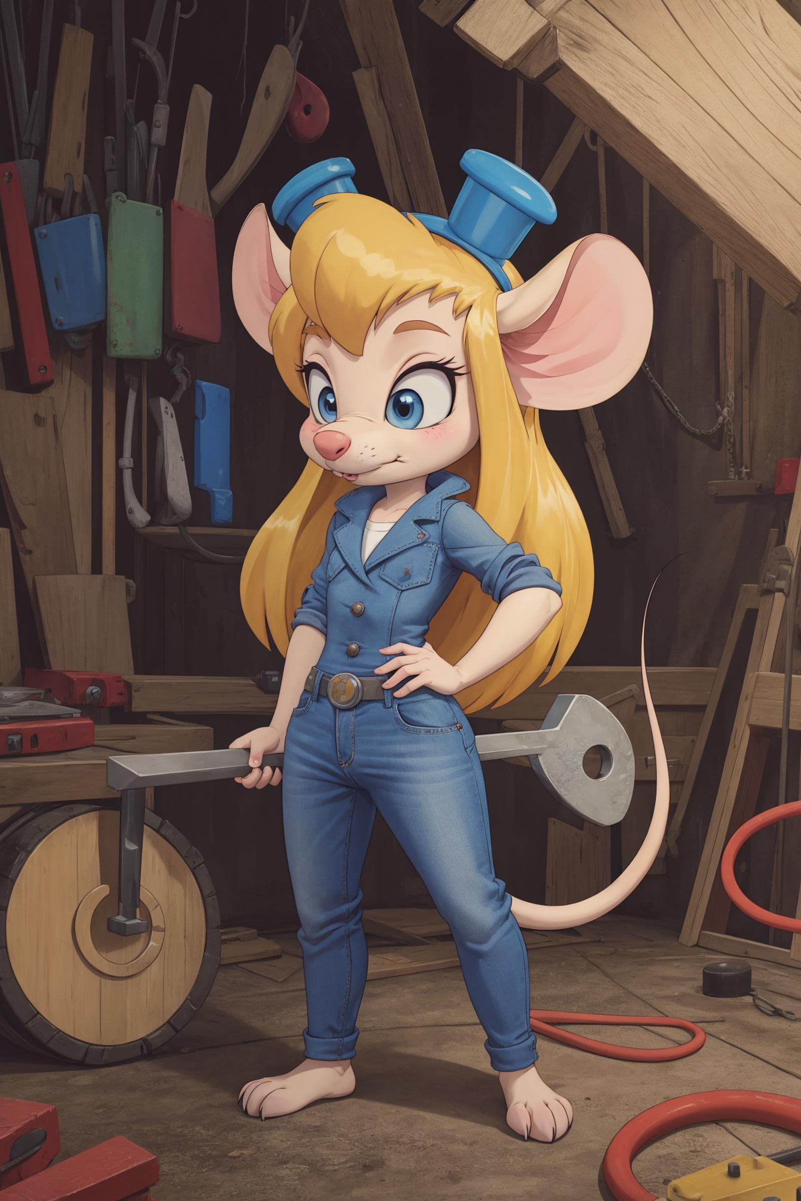 Cartoon Mouse Character Holding a Wrench in a Workshop.