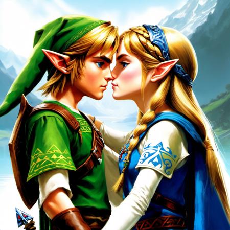 1boy, 1girl, link romantically kissing zelda, hyper-realistic concept art, hyper-detailed masterpiece