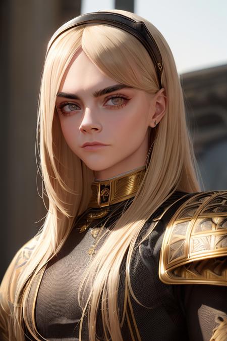 (caradelevingne_ti:1) in her 30s, masterpiece, (photorealistic:1.0),empress, highly detailed dark eyes, sharp focus,best quality, beautiful lighting, golden hour, upper body, medieval armor, intricate , RAW photo, 8k uhd, film grain