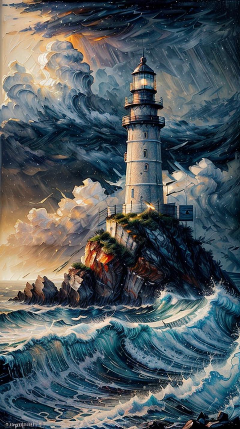 A painting of a lighthouse on an island surrounded by a large body of water