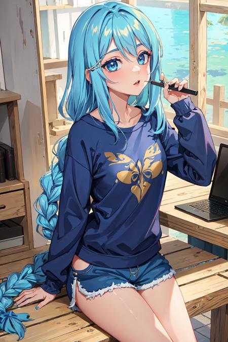 lake, 1girl, solo, blue hair, long hair, braid, blue eyes