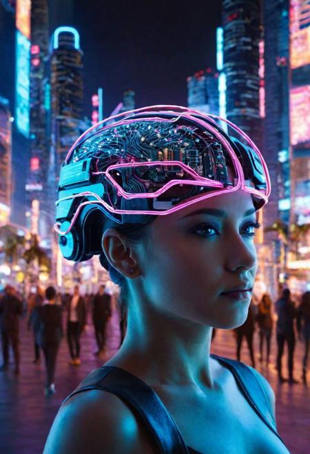 Advanced cyber-brain, network of glowing connections, high-tech, ultra-detailed circuitry, set against a backdrop of a futuristic cityscape, neon glows, AI-driven, interactive interfaces, depth of field, showcasing human-machine fusion, in a dynamic pose, UHD clarity.