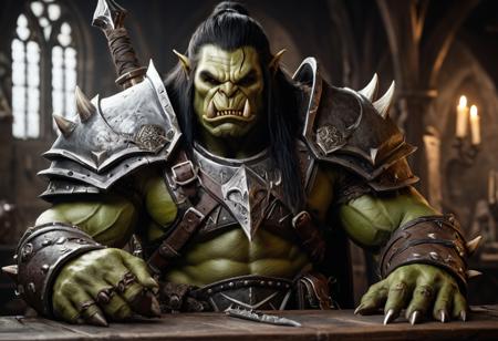 cinematic portrait,Orc D&D ultra quality, 4k,(masterpiece, best quality, 8k, ultra highres, highres:1.4), extremely detailed,young, big, green skinned muscular orc, long black hair, white orc tusks, wearing as warrior in metal armor, full torso metal and leather armor, sitting at the table, good character, fantasy fighter,medieval interior background, warhammer style , high detailed, detailed skin, detailed teeth and orc tusks, detailed eyes, photo realistic art,