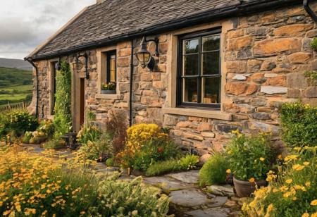 Scottish cottage nestled in Highlands with rolling hills, rugged topography, native flora, traditional stone architecture, ironwork fixtures on windows, smoke tendrils rising from the chimney, visible geographical coordinates at a discreet corner of the image, digital photography, golden hour light, highly detailed.