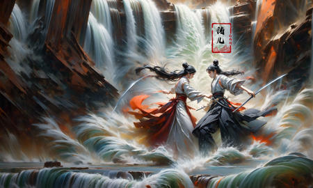 (dramatic, gritty, intense:1.4),masterpiece, best quality, 8k, insane details, intricate details, hyperdetailed, hyper quality, high detail, ultra detailed, Masterpiece,
2girlsholding weaponholding swordduelbattlemidairsingle hair bunblack hairlong hairhair bunlooking at another
outdoorswaterfallwater in the flowingwavessplashingHanfu(Real waterRealistic waterflowing water:1.5)ripples
A shot with tension(sky glows red,Visual impact,giving the poster a dynamic and visually striking appearance:1.2),Chinese Zen style,impactful picture,
<lora:~Q?-p^k{eWaterfall:1>