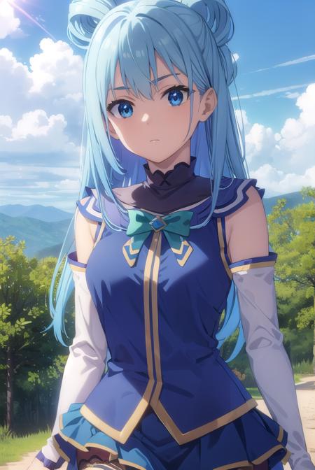 konosubaaqua, <lora:konosuba aqua movie-lora-nochekaiser:1>, 
aqua, long hair, blue eyes, hair ornament, very long hair, blue hair, hair rings, single hair ring, hair bobbles,
BREAK skirt, shirt, thighhighs, bare shoulders, detached sleeves, white thighhighs, blue skirt, blue shirt, green bow,
BREAK outdoor, forest, nature, trees, village, sky, sun, clouds,
BREAK looking at viewer, (cowboy shot:1.5),
BREAK <lyco:GoodHands-beta2:1>, (masterpiece:1.2), best quality, high resolution, unity 8k wallpaper, (illustration:0.8), (beautiful detailed eyes:1.6), extremely detailed face, perfect lighting, extremely detailed CG, (perfect hands, perfect anatomy),