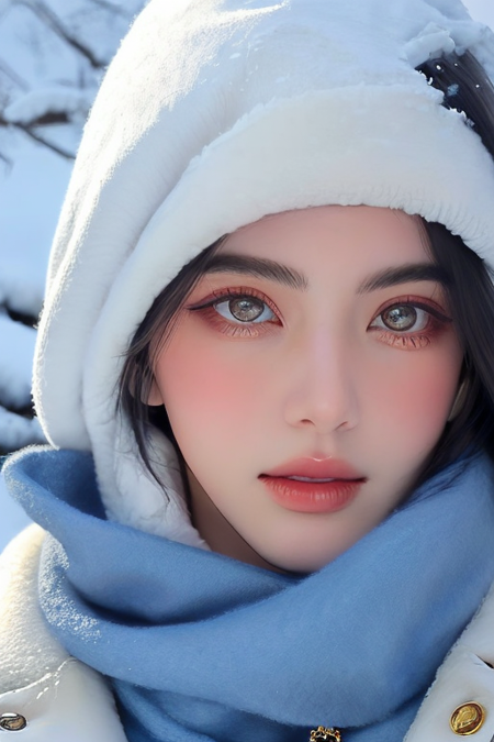 (close-up:1.4),winter ,snowy,(RAW photo:1.2), (photorealistic:1.4),(masterpiece:1.3),(best quality,1girl, closed mouth,:1.4), dreamlike, (detailed eyes),(detailed facial features), (detailed clothes features) 1boy,solo, black hair, black eyes, crystal pendant, Long blue scarf,White long wool coat,(detailed face), grunge,(high detailed skin:1.2),soft lighting, high quality, <lora:maidavikav1_ghotilafish:1>