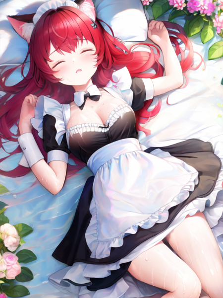 1girl, cat ears, maid costume, lying on back, closed eyes, flowers, red hair, from above, wet,