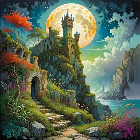 Zentangle extreme effect, landscape with Variegated splashes of color,
big full moon, The ruins of a medieval castle on the top of the cliff, a high tower, the walls are overgrown with moss and plants,
fantastical surrealism by Daniel Merriam, Joe Fenton,
ral-cnvctncrnts  <lora:ral-cnvctncrnts:0.25>, 
painted world <lora:Painted World:0.5>, 
fractalvines  <lora:Fractal_Vines:0.6>