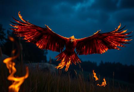 a hellish phoenix flying over a meadow at night, its wings are covered with fire, the fire from its wings flows onto the meadow and sets it on fire, fantasy, real image