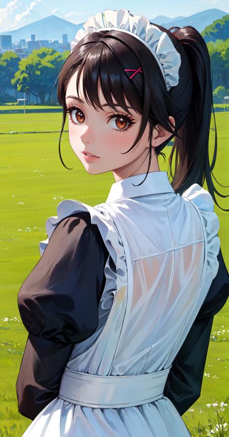 masterpiece, best quality, outdoors, grass, field, 
1girl, solo, looking at viewer, cover, upper body, eyelashes, brown eyes, black hair, long hair, shirt, white shirt, ponytail, bangs, hairclip, maid, maid headdress, maid apron, puffy sleeves, long sleeves, arms behind back, 
<lora:LoRA_Iwato_Suzume:1>