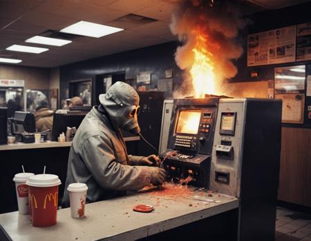 In a new comedy film grbtw artstyle is working the cash register at McDonalds,a robber bursts in demanding all the money. grbtw artstylegrabs a bottle of ketchup and squirts it in the robbers face. <lora:SDXL Grab-Bag-2 - Gasmask Guys - Trigger is grbtw artstyle:1>, <lora:Explosion Artstyle - Trigger is Explosion Artstyle:1> explosion artstyle