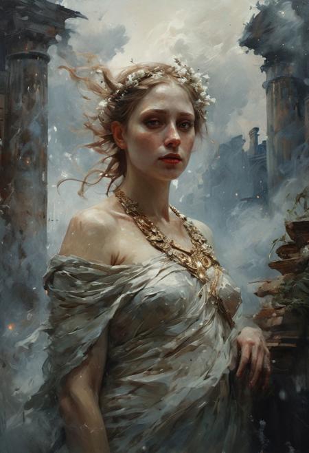 masterful painting in the style of Anders Zorn | Marco Mazzoni | Yuri Ivanovich Pimenov, oil on canvas,
adaptive and halcyon atmosphere with dispersion, refined details, cloud, ruins city in the air, Aphrodite the  ancient greek Goddess, grunge armour, 
(brown and ivory dark blue colors:0.1),  (center composition, symmetry:0.1), style by nty, at night, dramatic lights, dynamic shadows, cinematic scene, fog, mist, it's snowing